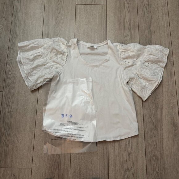 Bailey 44 Women's Blouse L White Round Neck Eyelet Embroidered Short Sleeve Boho - Picture 6 of 6